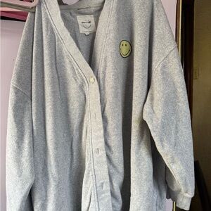 Aerie Light Gray Cardigan with Smiley Patch